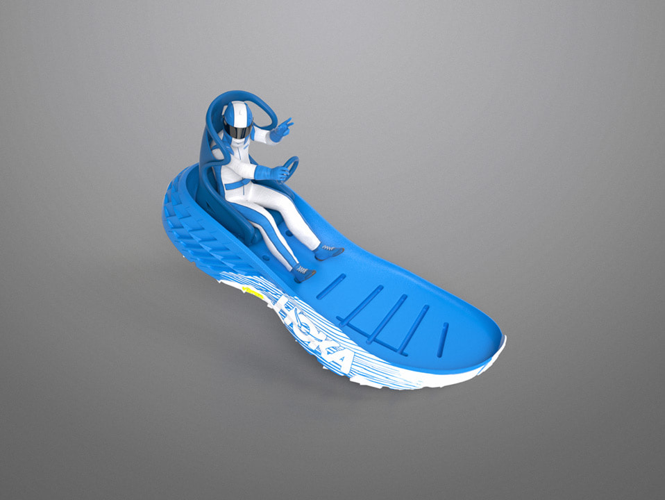 An image of a tiny racing man inside a hoka shoe